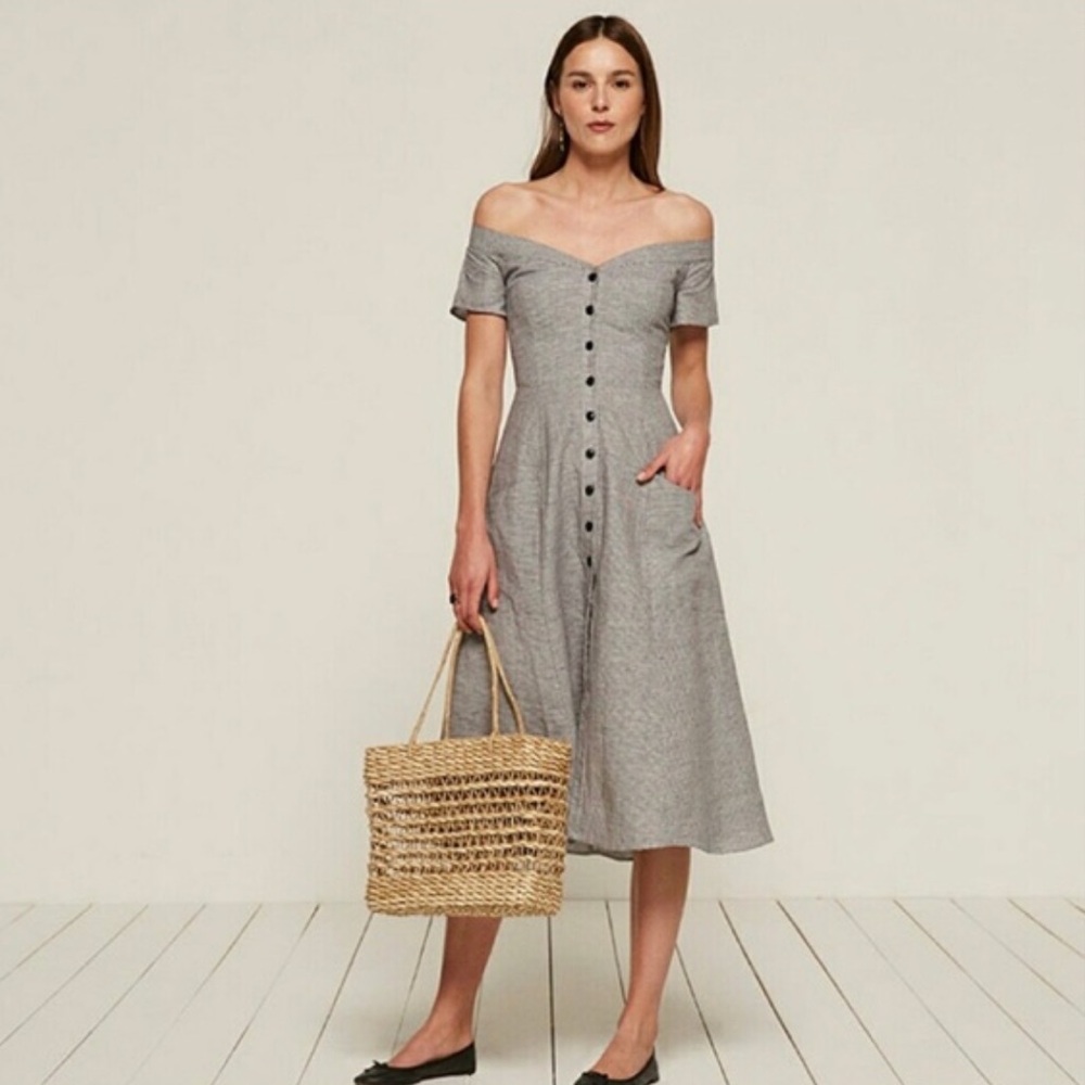 Reformation linen Mariposa mini off-the-shoulder dress
